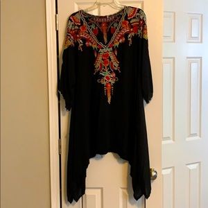 Johnny Was embroidered top w/ handkerchief hem.